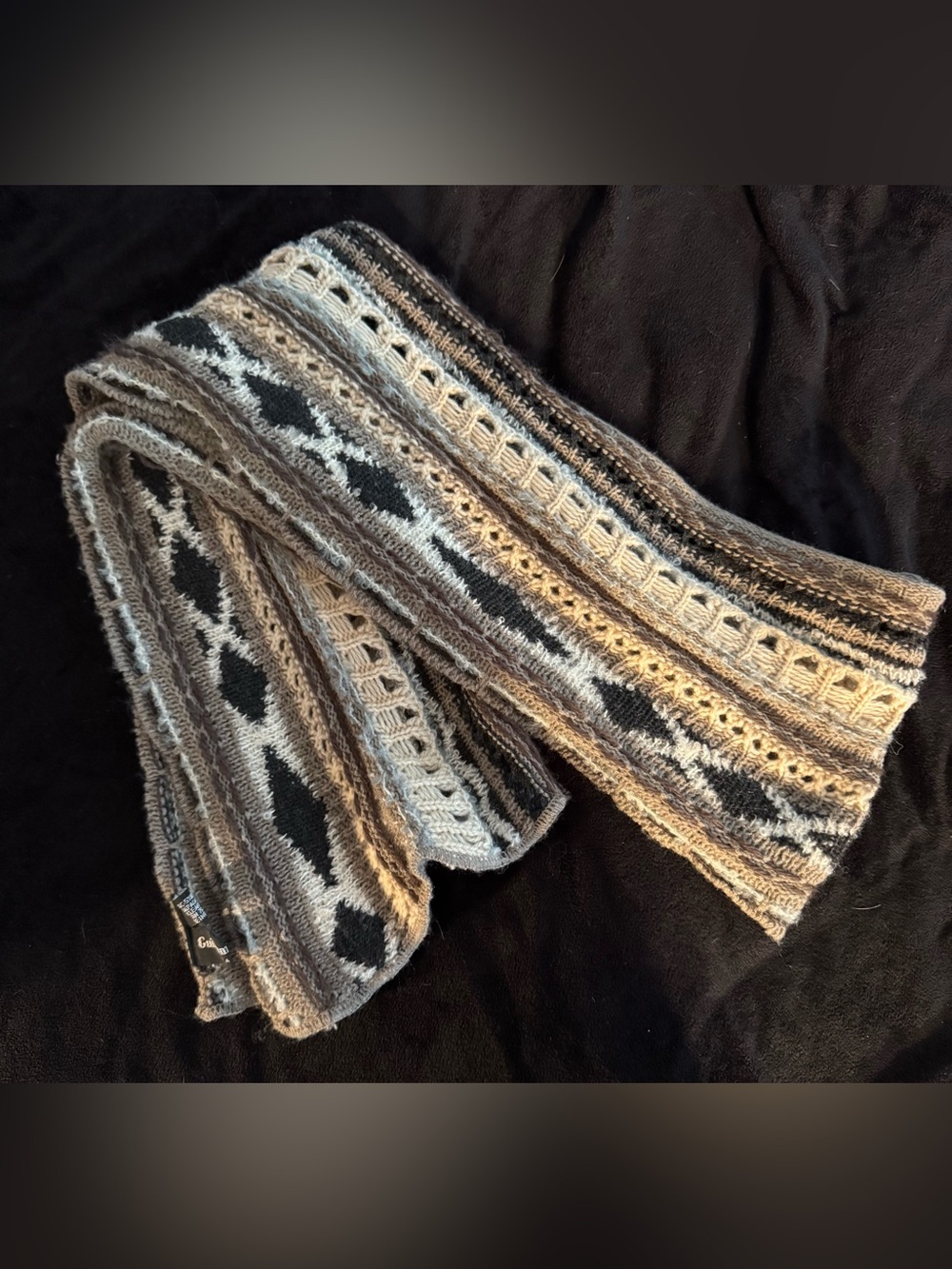 Guillaume Neutral Stripe & Diamond Knit Scarf in Black, Gray & Cream